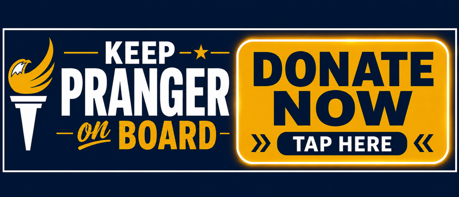 Campaign banner in navy, gold, and white reading “Keep Pranger on Board”. Text says “Donate Now” button.