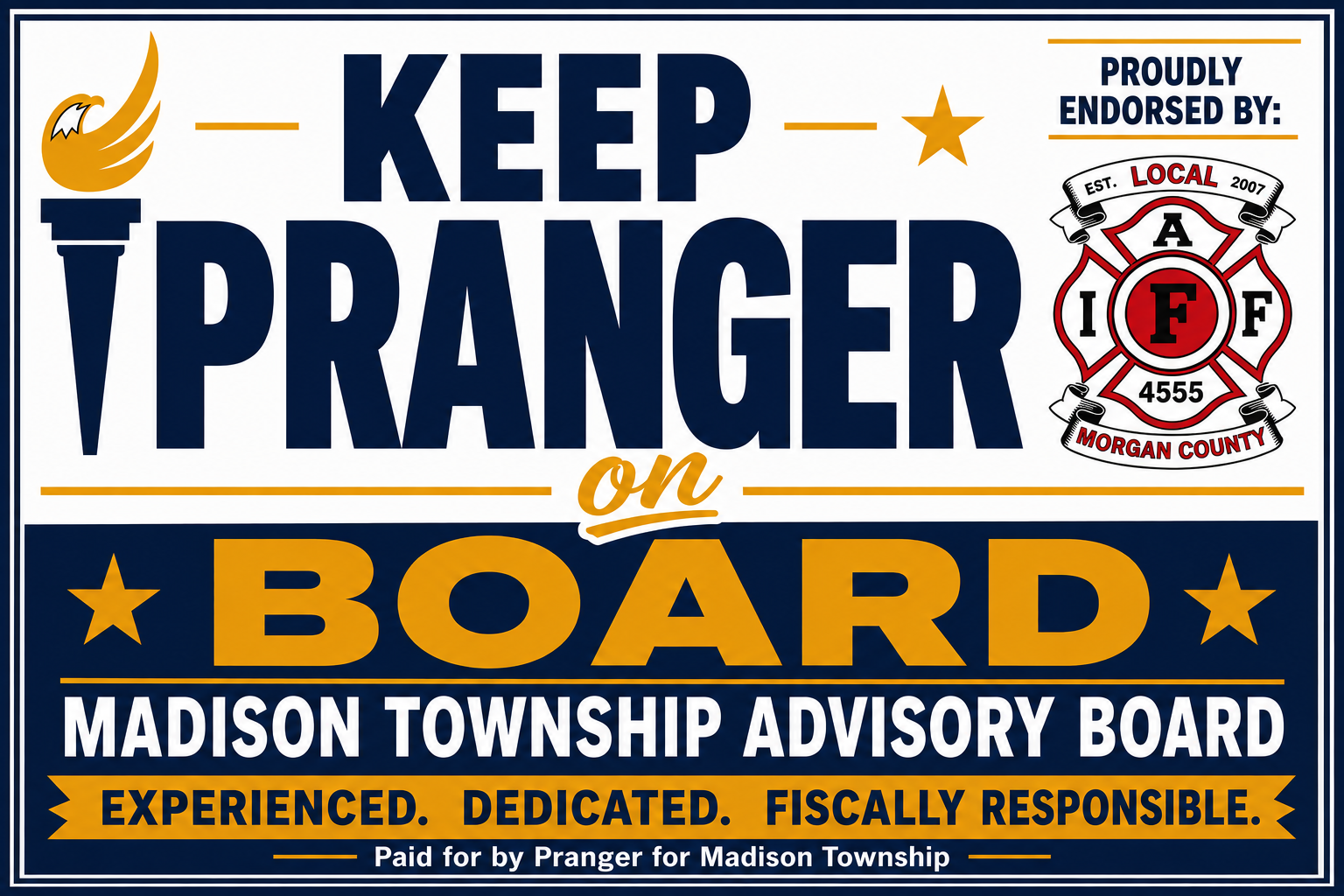 Keep Pranger on Board campaign logo with firefighter union endorsement